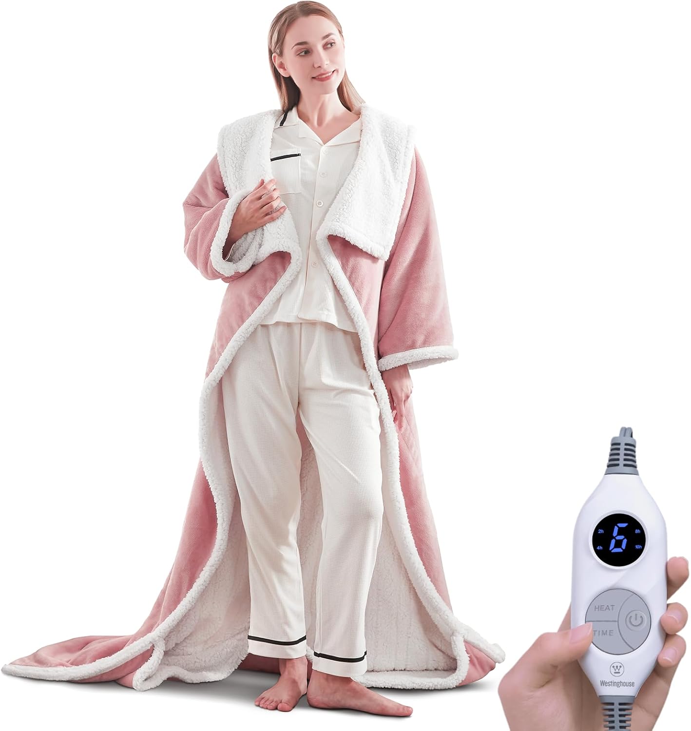 Westinghouse Electric Snuggle Throw Blankets with Foot Pocket, Wearable Heated Blanket with Sleeves, 6 Heating Levels & 2 to 10 Hours Heating Time Settings, 50 * 70"+18", Grey