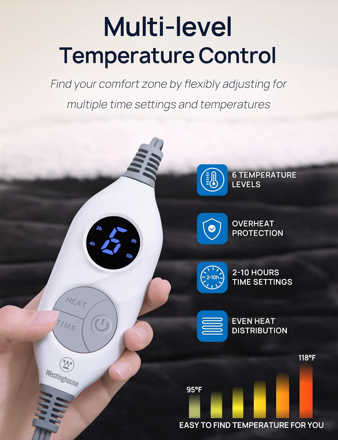 Westinghouse Electric Snuggle Throw Blankets with Foot Pocket, Wearable Heated Blanket with Sleeves, 6 Heating Levels & 2 to 10 Hours Heating Time Settings, 50 * 70"+18", Grey