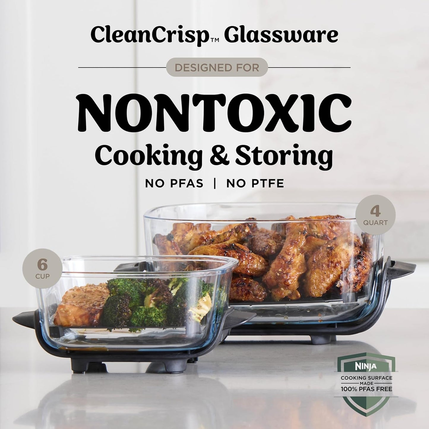 Ninja Crispi Air Fryer, Microwave, Freezer & Dishwasher Safe, Non Toxic Glass Portable Cooking System, 4 QT & 6 Cup Glass Containers with Storage Lids, Easy Meals, Air Fry, Bake, Stone, FN101ST