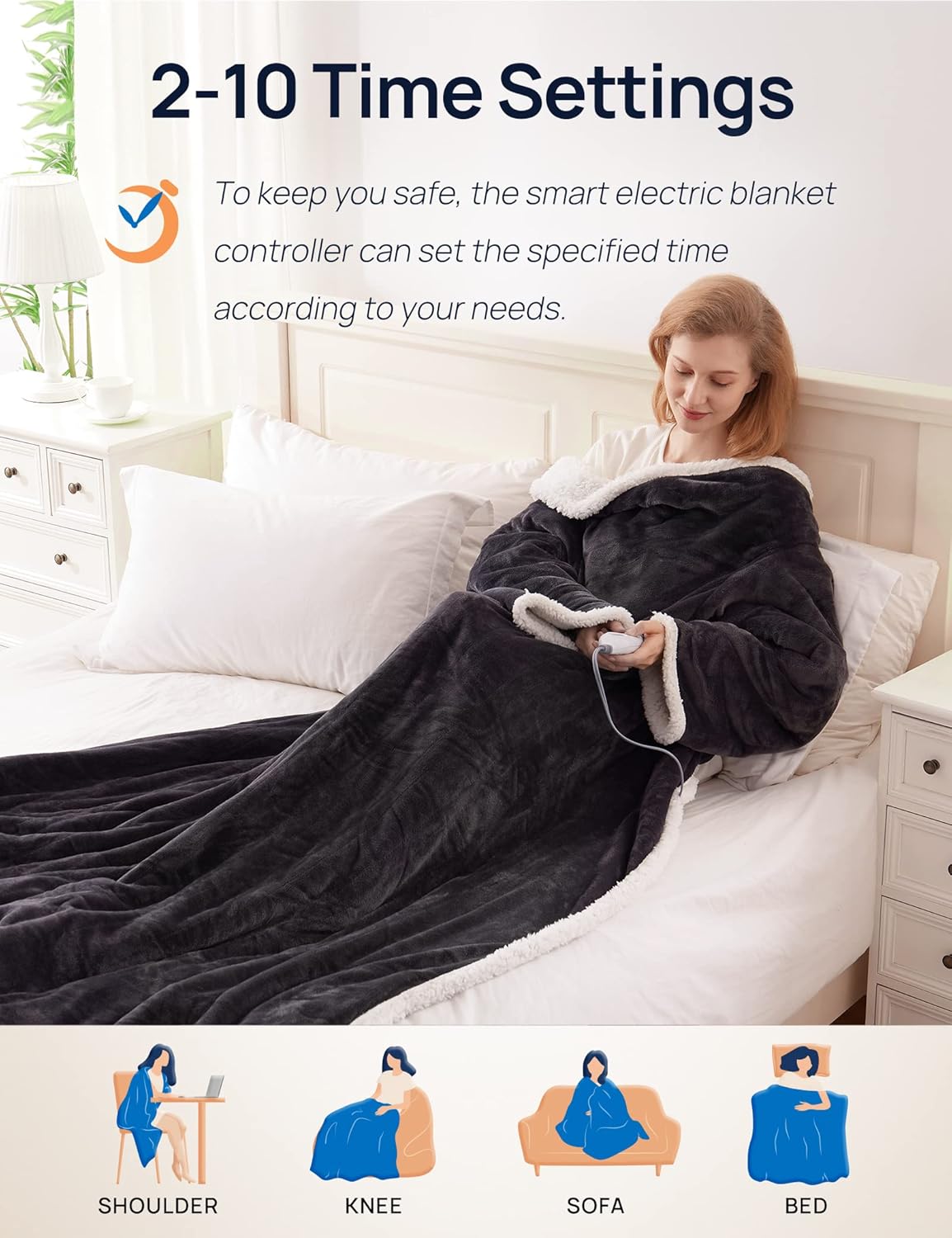 Westinghouse Electric Snuggle Throw Blankets with Foot Pocket, Wearable Heated Blanket with Sleeves, 6 Heating Levels & 2 to 10 Hours Heating Time Settings, 50 * 70"+18", Grey