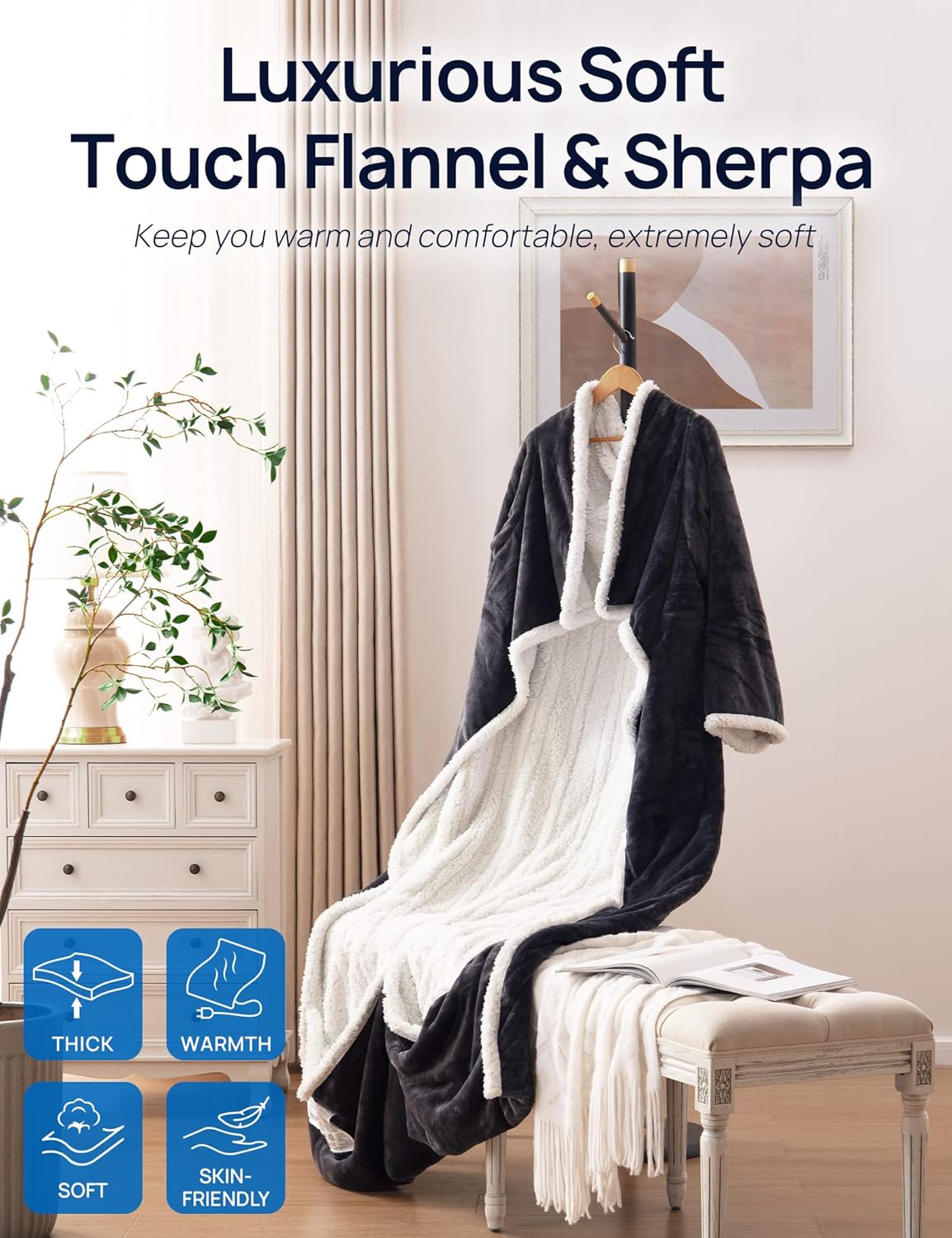 Westinghouse Electric Snuggle Throw Blankets with Foot Pocket, Wearable Heated Blanket with Sleeves, 6 Heating Levels & 2 to 10 Hours Heating Time Settings, 50 * 70"+18", Grey