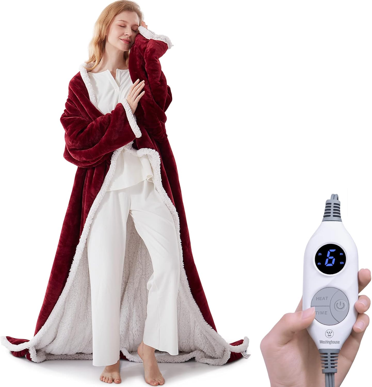 Westinghouse Electric Snuggle Throw Blankets with Foot Pocket, Wearable Heated Blanket with Sleeves, 6 Heating Levels & 2 to 10 Hours Heating Time Settings, 50 * 70"+18", Grey