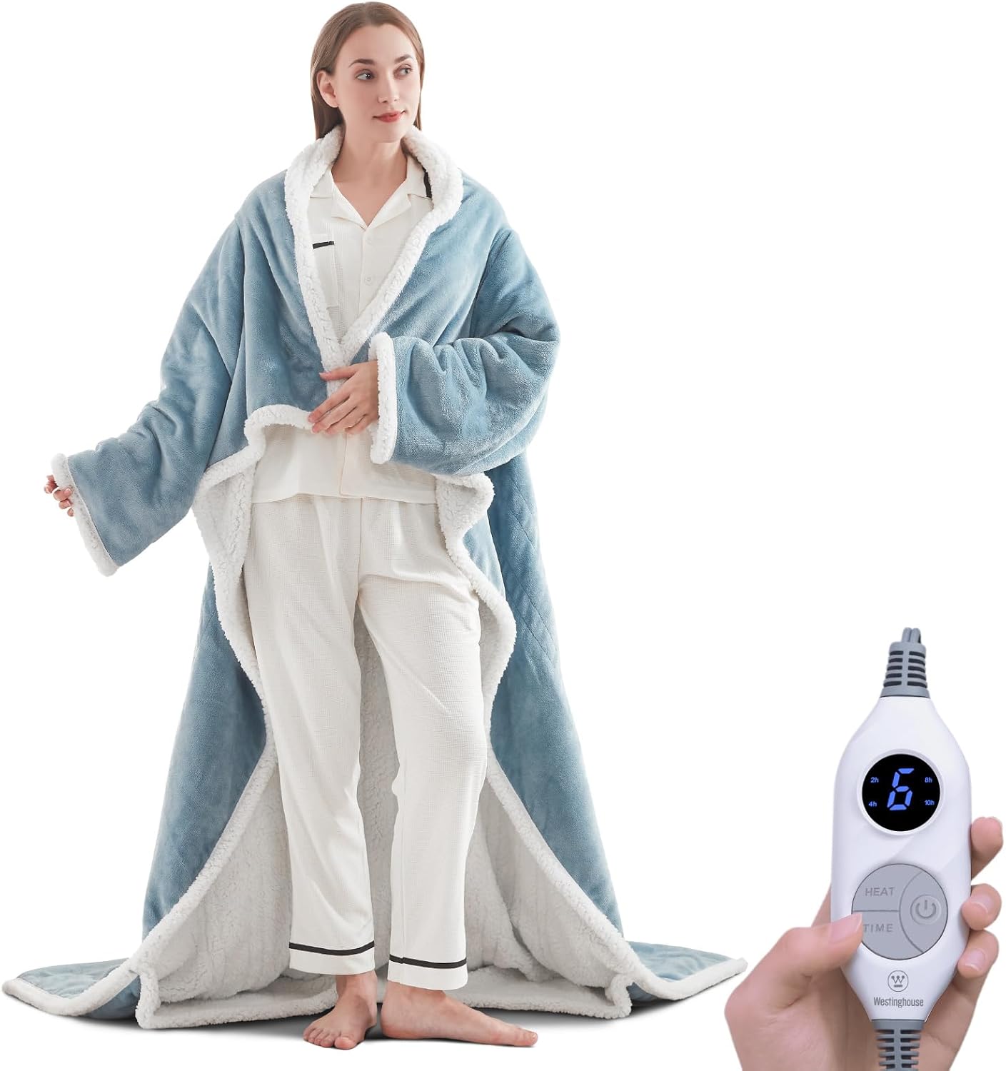 Westinghouse Electric Snuggle Throw Blankets with Foot Pocket, Wearable Heated Blanket with Sleeves, 6 Heating Levels & 2 to 10 Hours Heating Time Settings, 50 * 70"+18", Grey