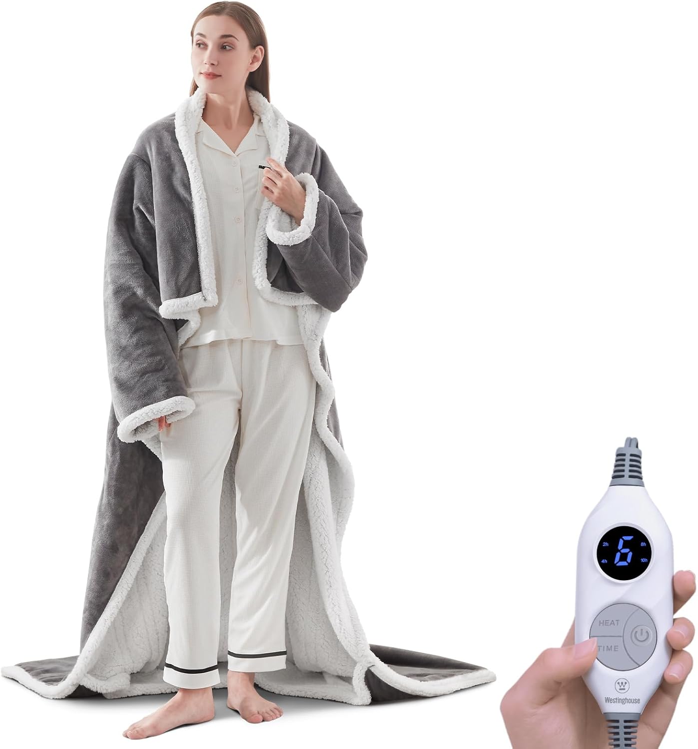 Westinghouse Electric Snuggle Throw Blankets with Foot Pocket, Wearable Heated Blanket with Sleeves, 6 Heating Levels & 2 to 10 Hours Heating Time Settings, 50 * 70"+18", Grey