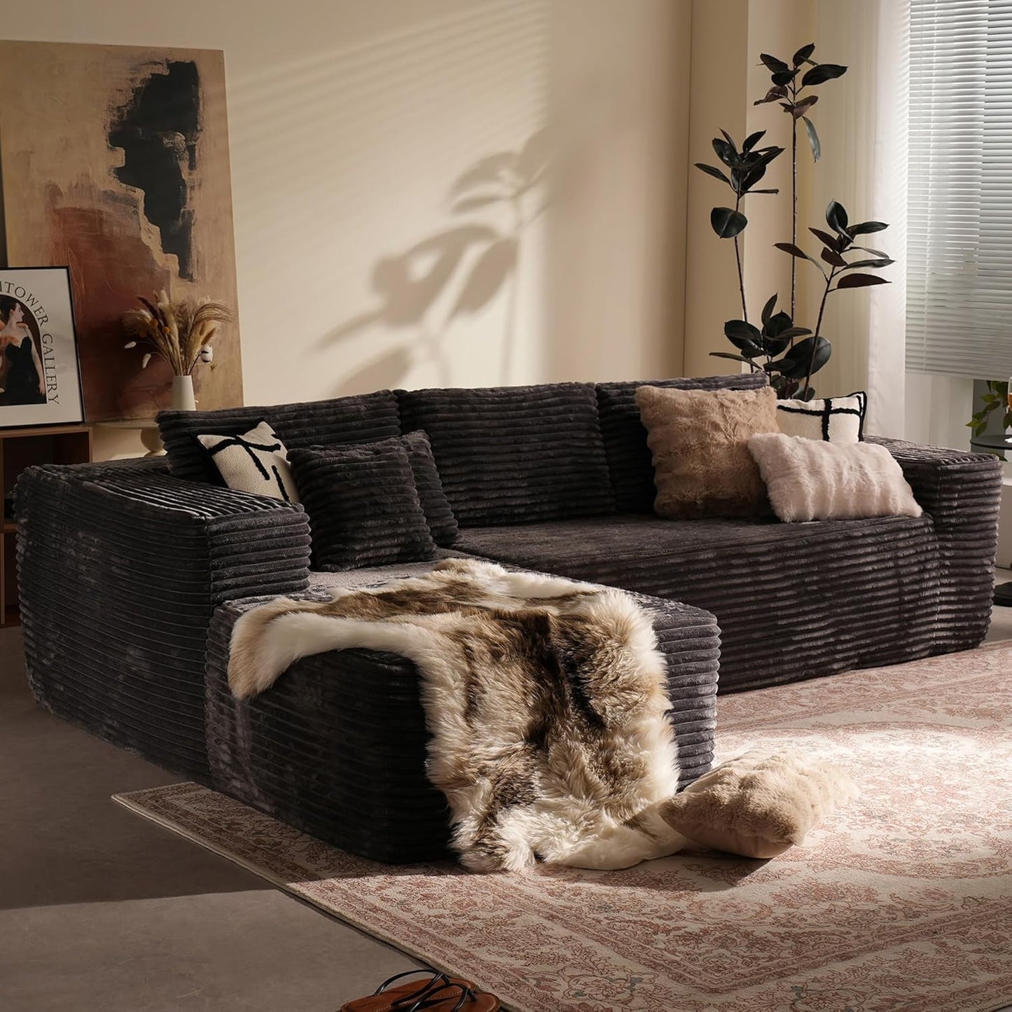 106-inch Cloud Corner Sofa with Chaise Longue, L-shaped Modular Modern Sofa, Comfortable Corduroy Plush Sofa with Deep Seat Design, No Assembly Required, Suitable for Living Rooms (Left Image, Plush Corduroy, Black)