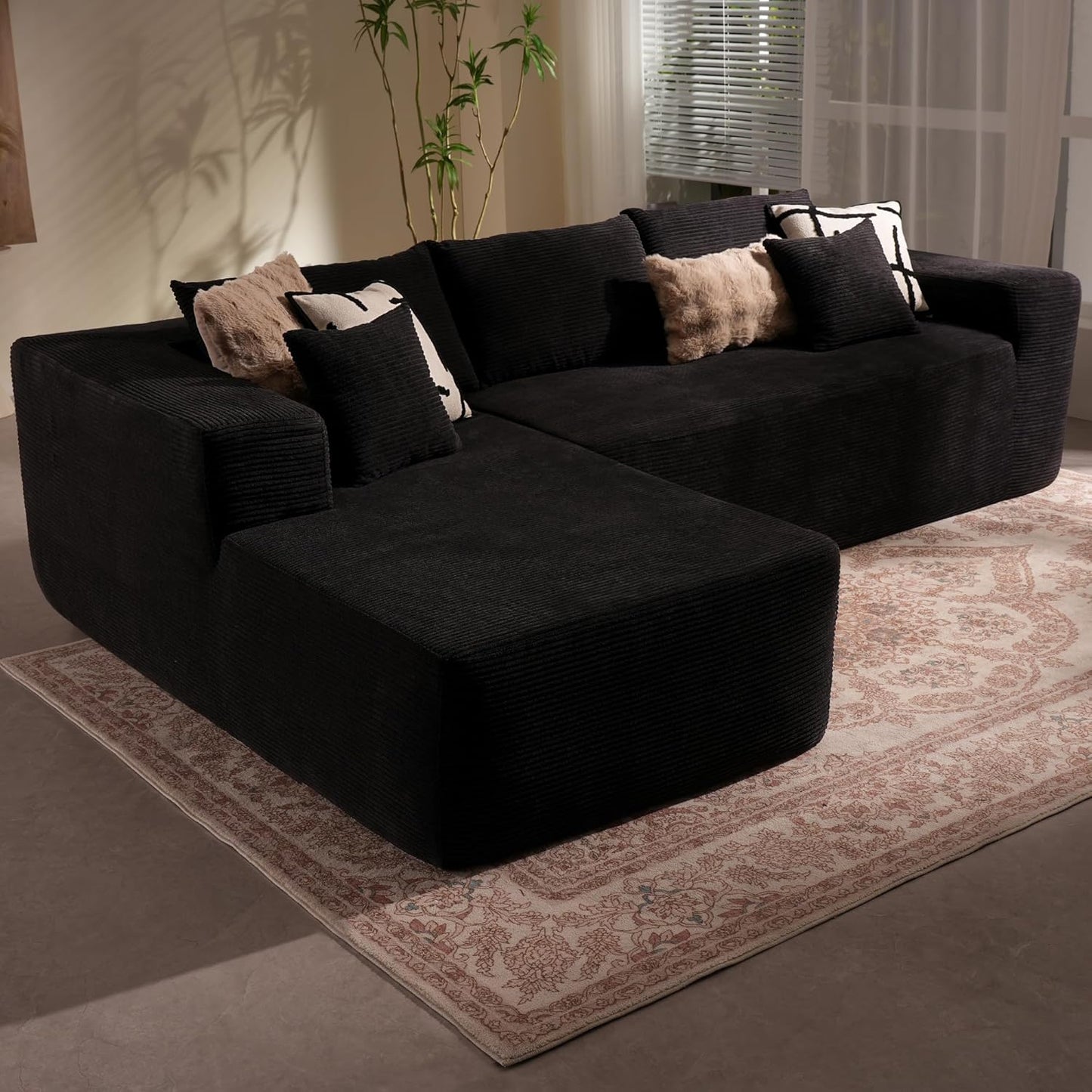 106-inch Cloud Corner Sofa with Chaise Longue, L-shaped Modular Modern Sofa, Comfortable Corduroy Plush Sofa with Deep Seat Design, No Assembly Required, Suitable for Living Rooms (Left Image, Plush Corduroy, Black)
