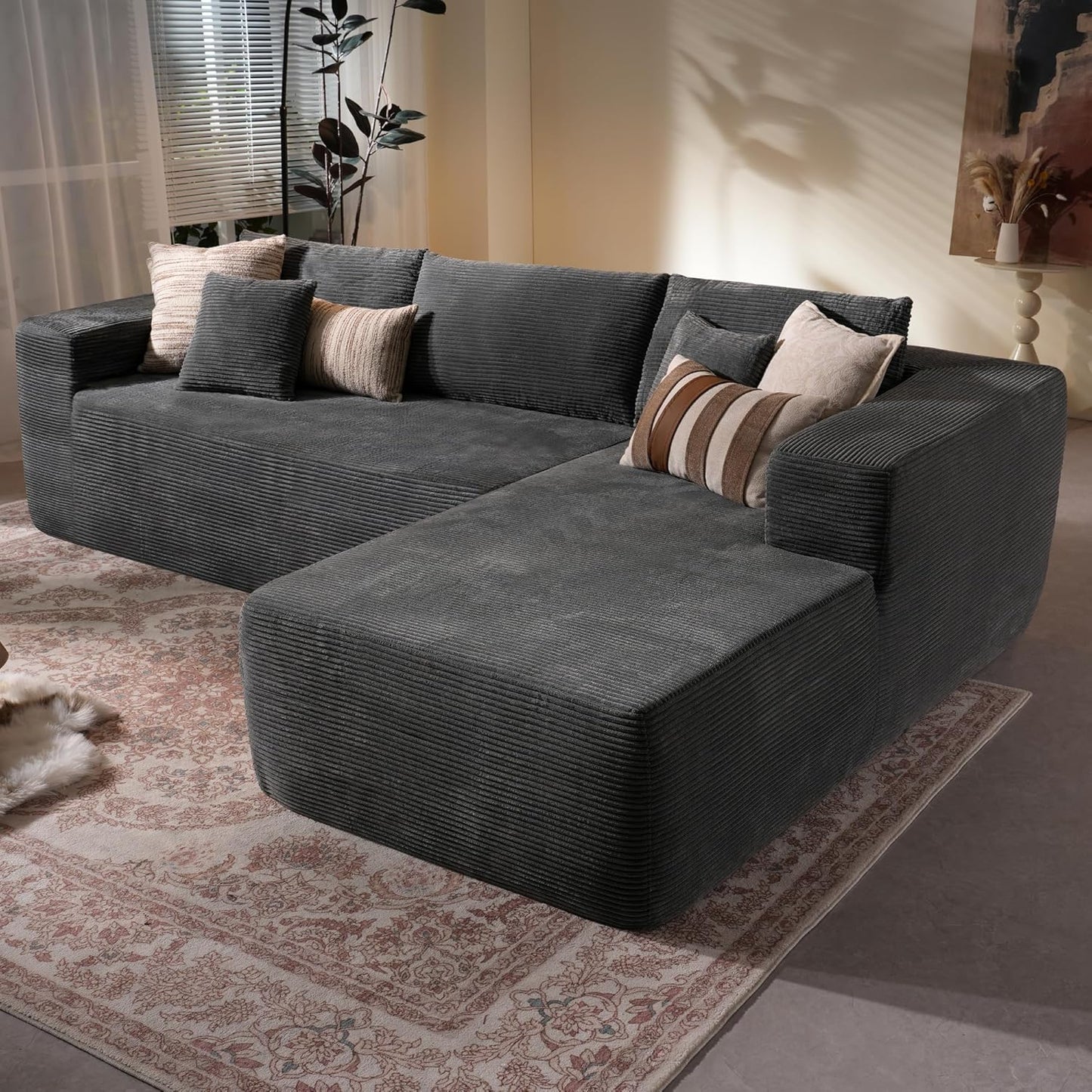 106-inch Cloud Corner Sofa with Chaise Longue, L-shaped Modular Modern Sofa, Comfortable Corduroy Plush Sofa with Deep Seat Design, No Assembly Required, Suitable for Living Rooms (Left Image, Plush Corduroy, Black)