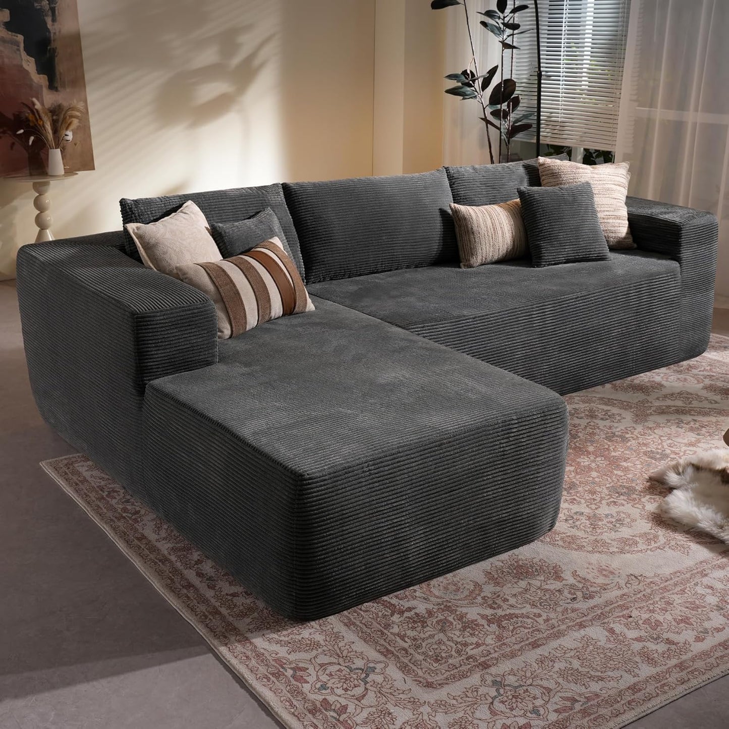 106-inch Cloud Corner Sofa with Chaise Longue, L-shaped Modular Modern Sofa, Comfortable Corduroy Plush Sofa with Deep Seat Design, No Assembly Required, Suitable for Living Rooms (Left Image, Plush Corduroy, Black)