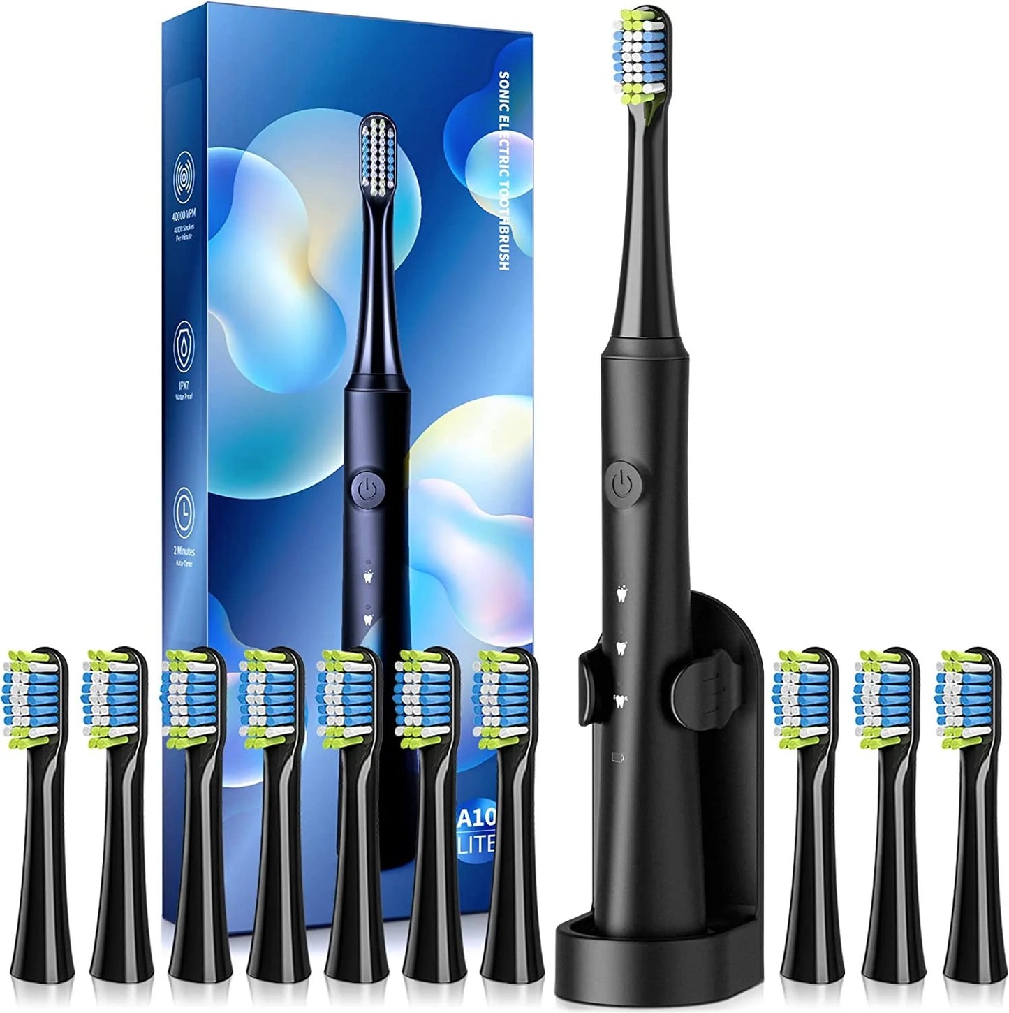 Sonic Electric Toothbrush for Adults with Holder and 10 Brush Heads, Rechargeable Sonic Toothbrush Fast 2 Hr Charge